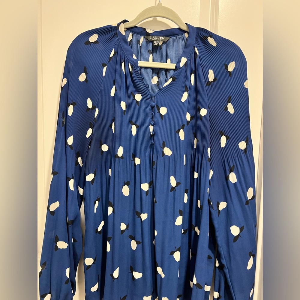 Lauren Ralph Lauren Pleated Georgette Blouse - navy blue / cream (XL)